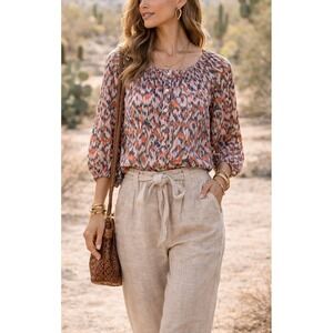 Sundance 100% Silk Blouse XS Ikat Print Boho Peasant Top Button Front Oversized